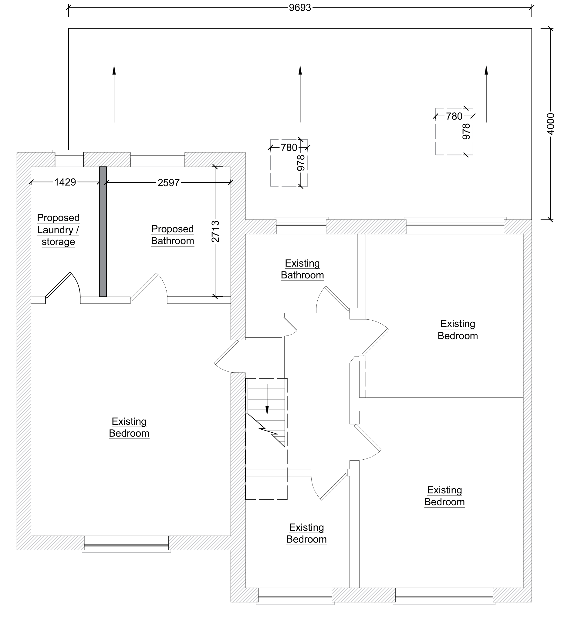 Drawing — proposed first floor plan with new bathroom and laundry, 4m rear extension & internal reconfiguration, Leicester
