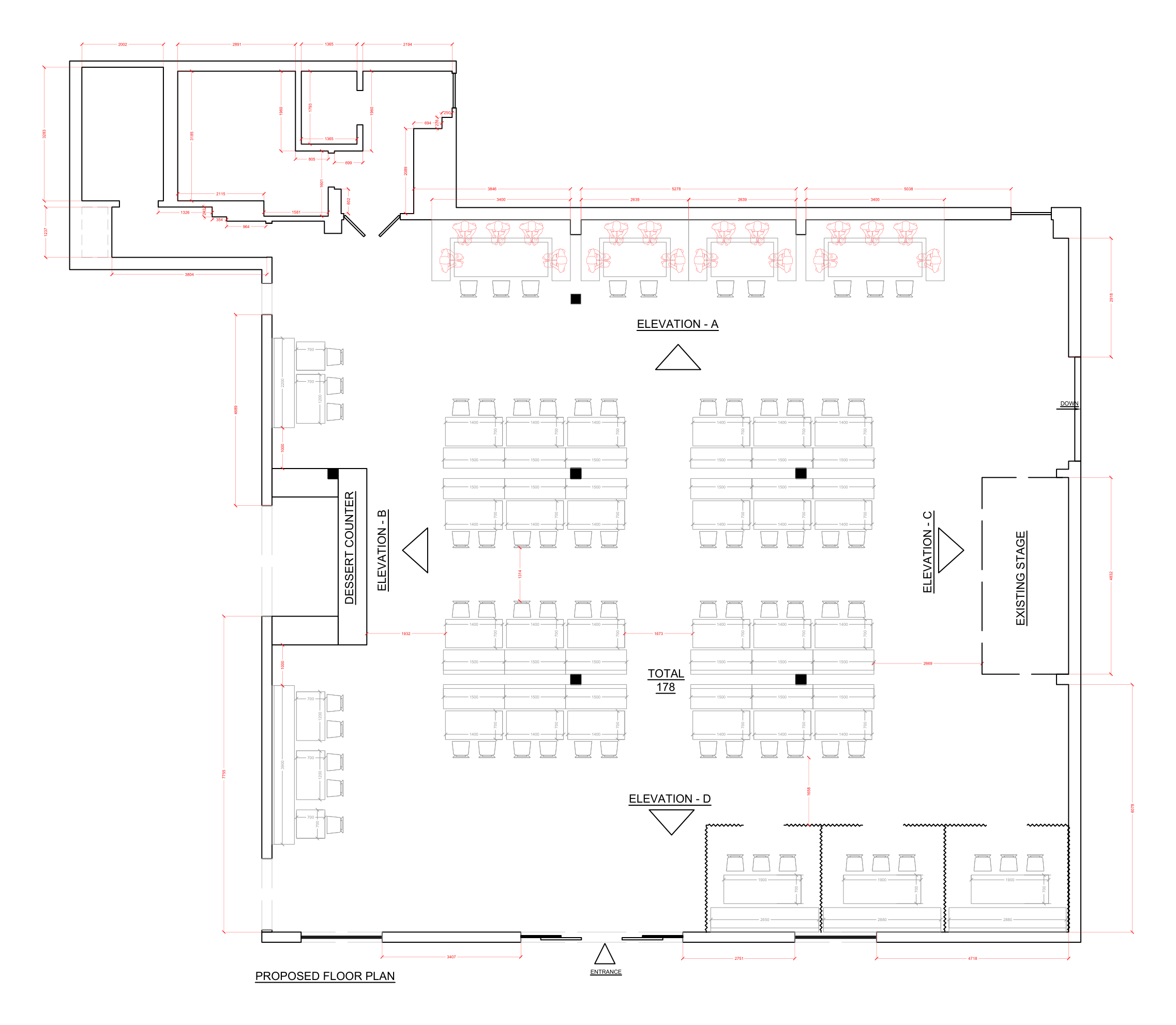 Drawing — proposed restaurant floor plan with dining areas, booths, dessert counter and stage, Restaurant interior transformation, Birmingham