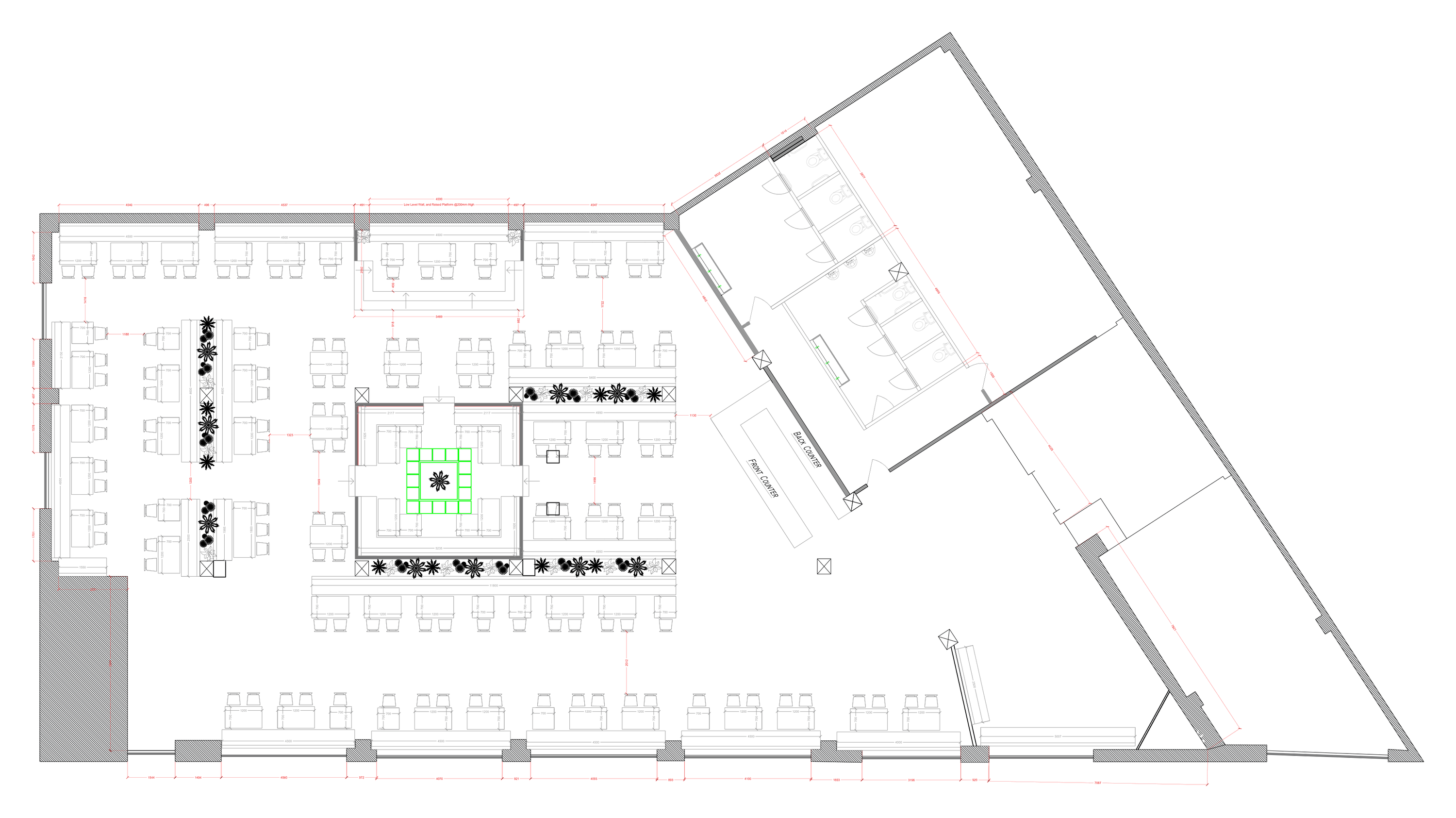 Drawing — proposed floor plan showing dining areas, banquette seating and counters, Café interior fit-out, Birmingham