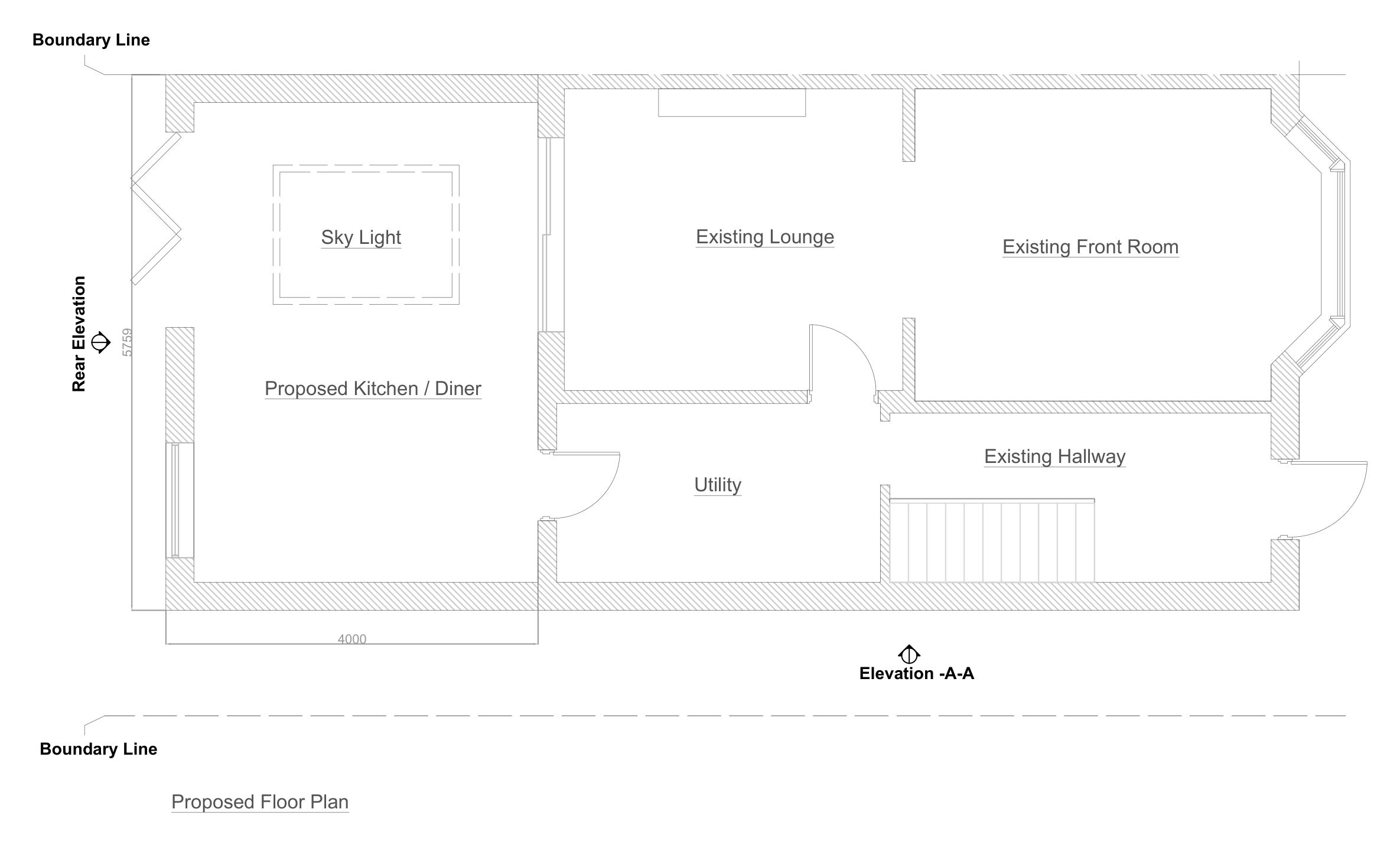 Drawing — proposed ground floor plan with the new kitchen and diner, 4m rear extension, Leicester