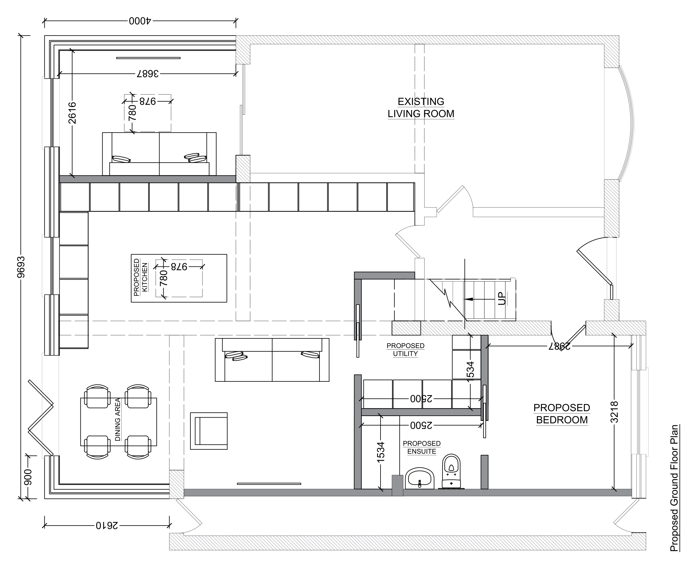 Drawing — proposed ground floor plan with kitchen, dining area and ground-floor bedroom, 4m rear extension & internal reconfiguration, Leicester