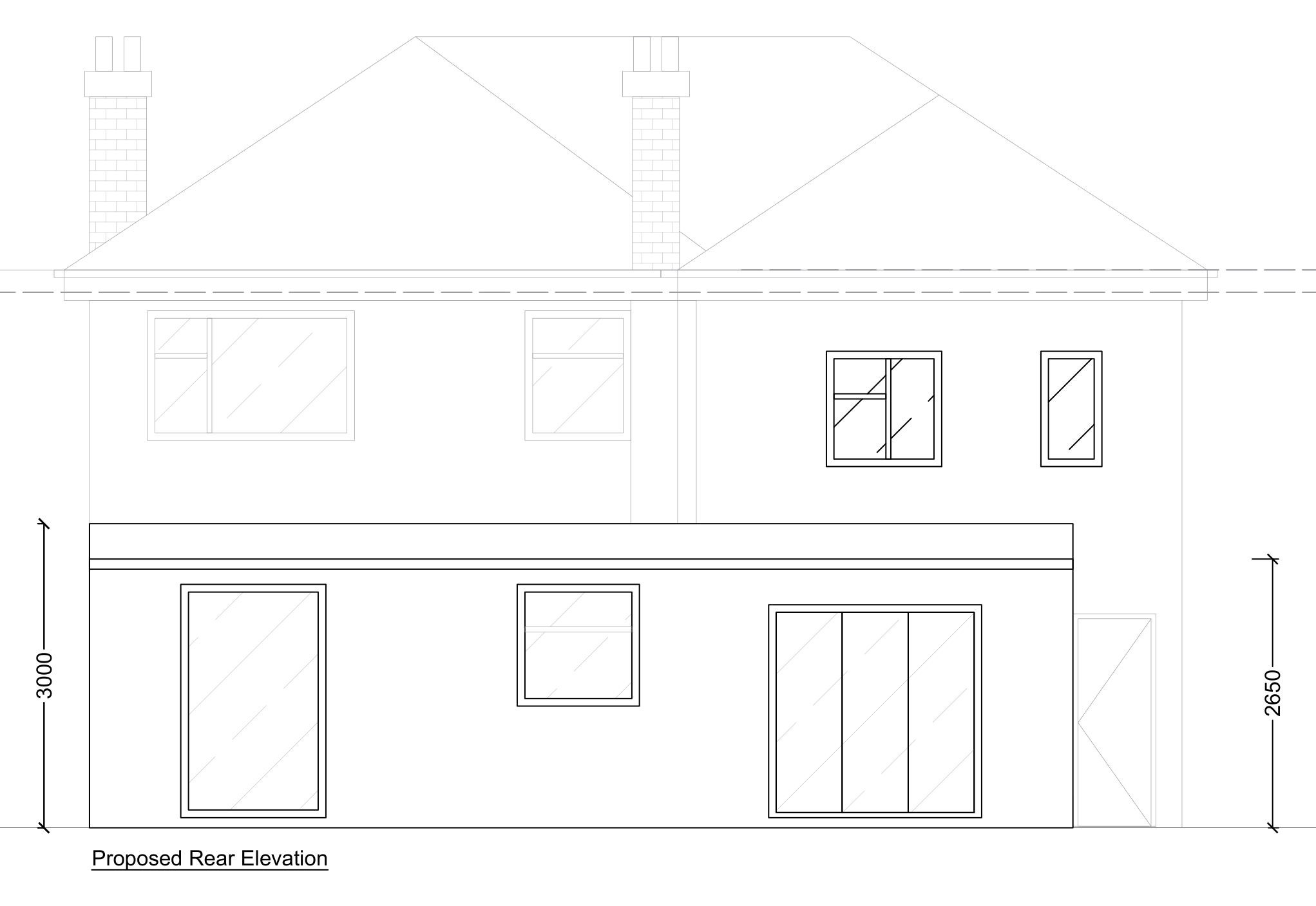 Drawing — proposed rear elevation with mono-pitched roof, 4m rear extension & internal reconfiguration, Leicester