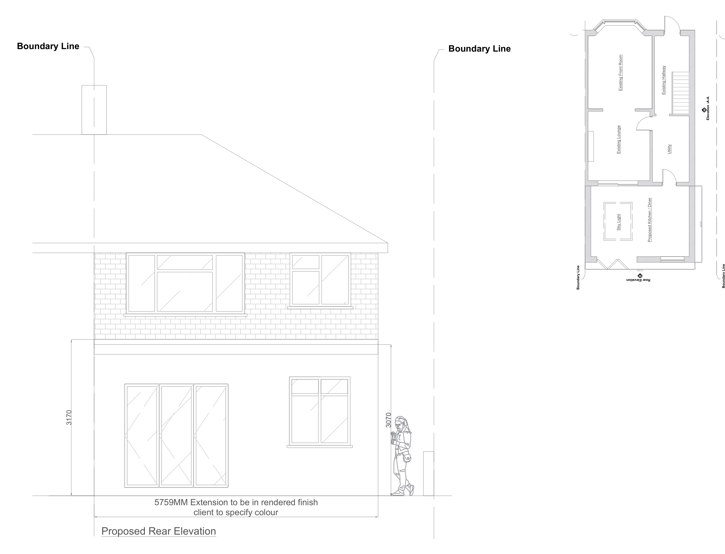 Drawing — proposed rear elevation with key plan, 4m rear extension, Leicester