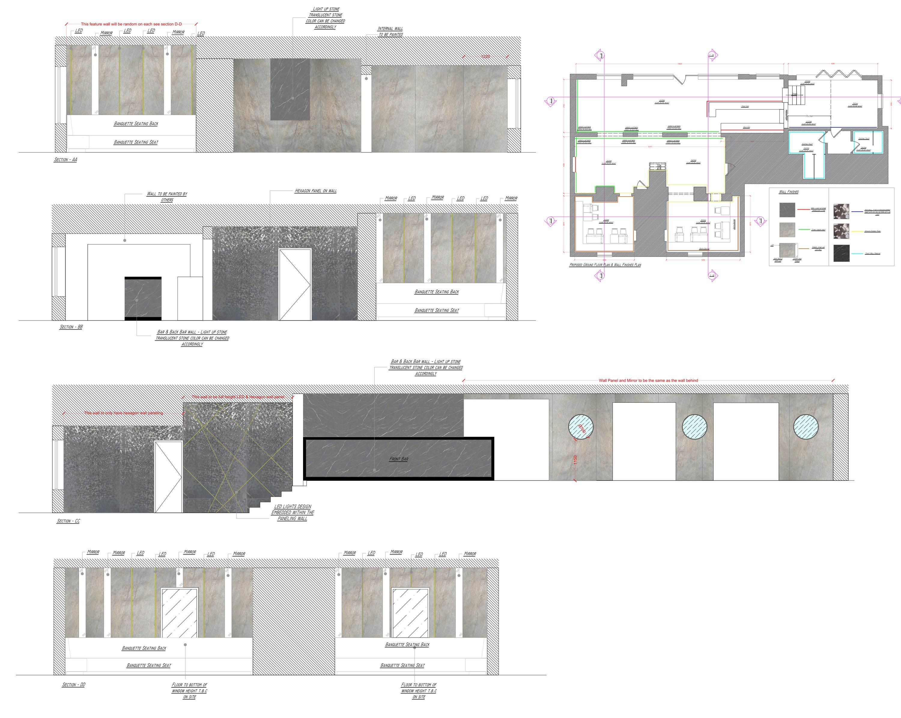 Drawing — proposed interior sections showing seating, wall finishes and bar, Nadee Restaurant — interior remodel, Derby