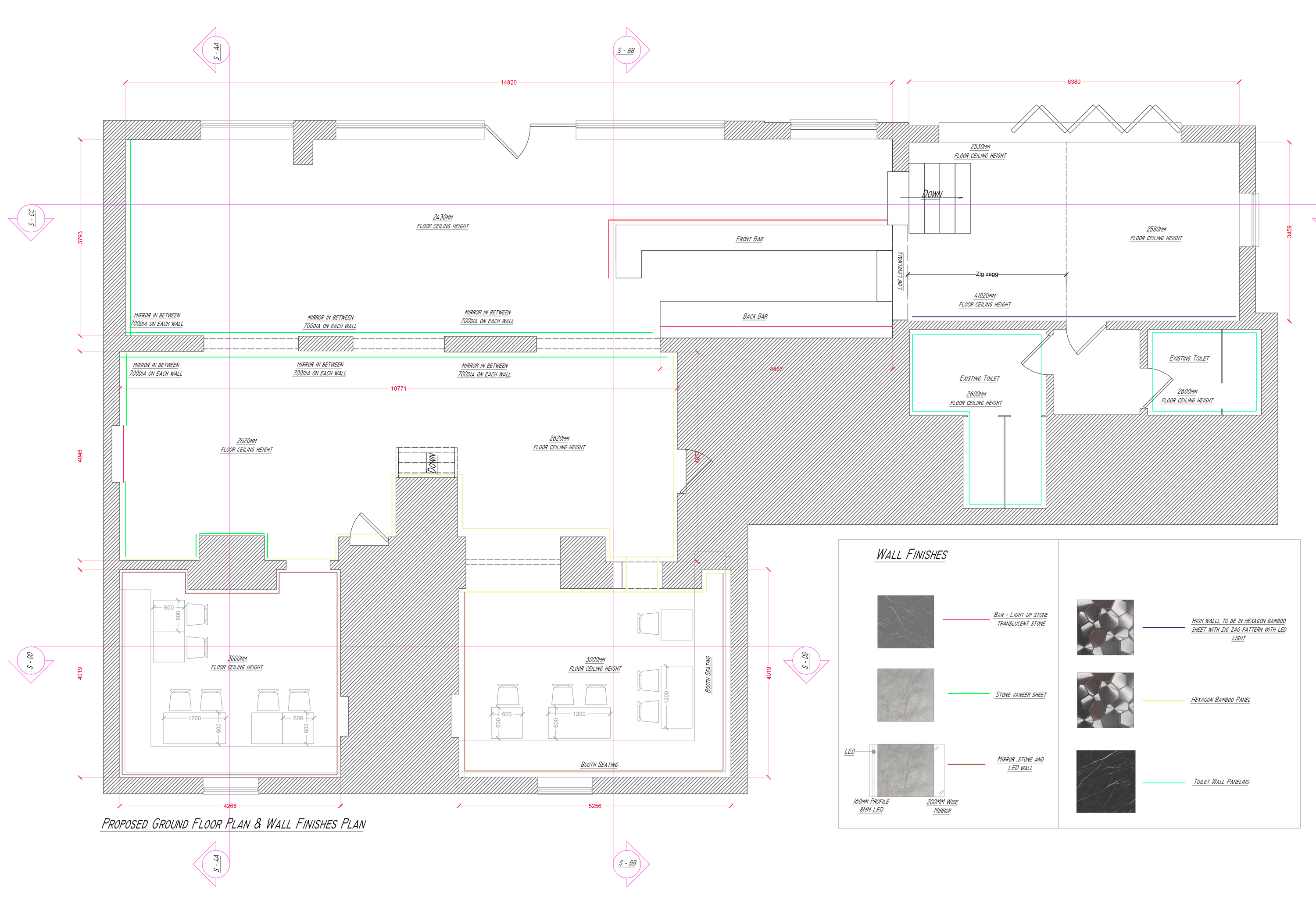 Drawing — proposed ground floor plan with wall finishes schedule, Nadee Restaurant — interior remodel, Derby