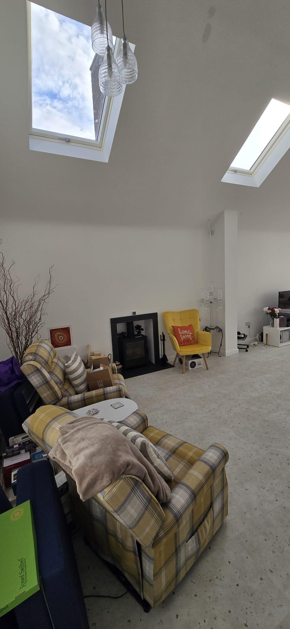 Photograph — full-height ceiling and skylights in the living area, Rosedene Avenue, Leicester