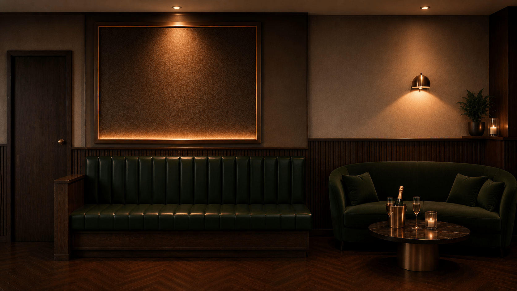 Visualisation — lounge area with emerald banquette and curved sofa, AVVANTI, Market Harborough