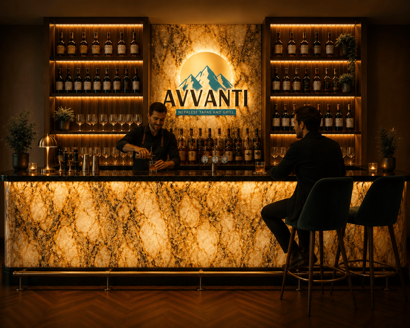 Visualisation — illuminated stone-fronted feature bar with back-lit shelving, AVVANTI, Market Harborough