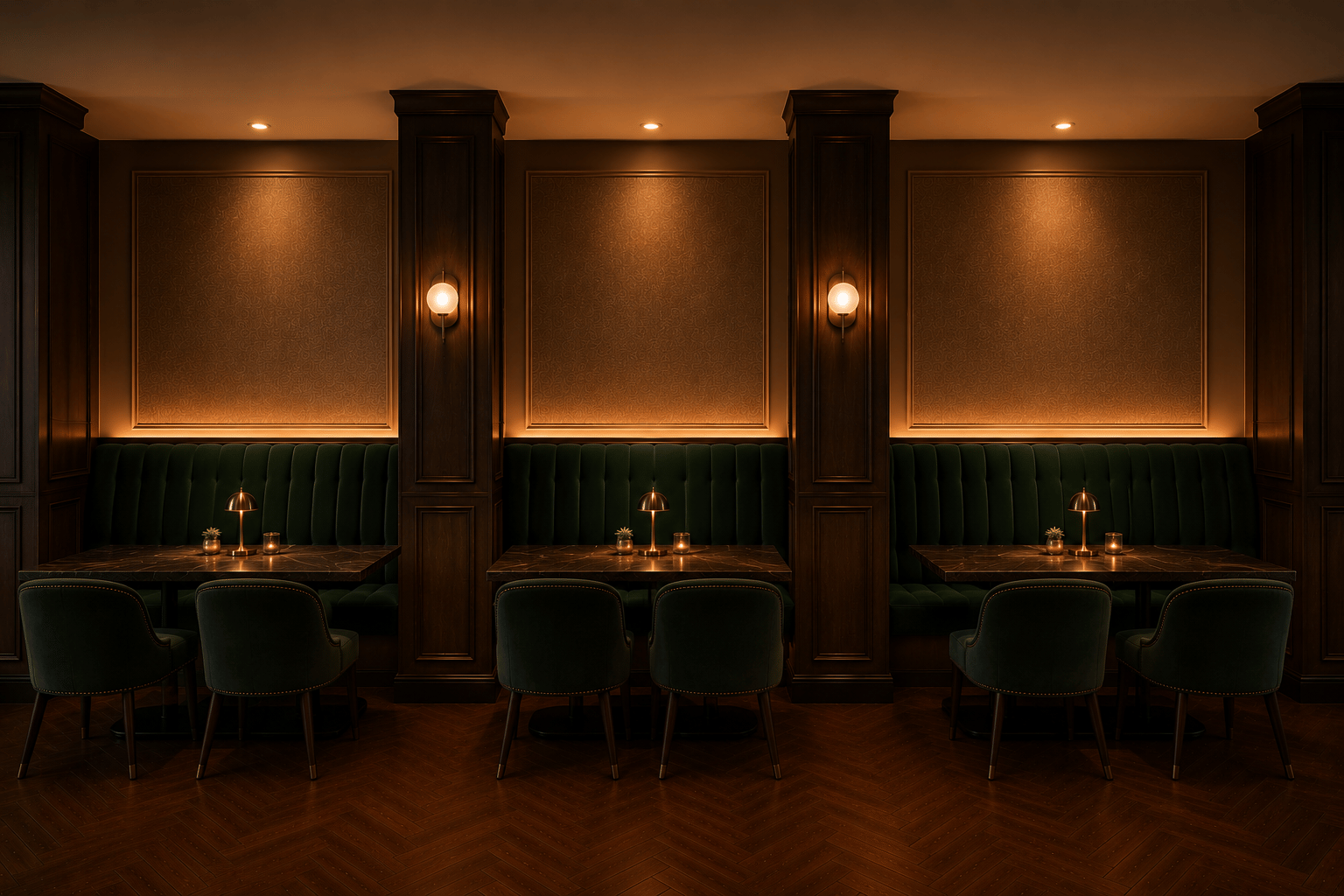 Visualisation — dining area with emerald banquettes and timber panelling, AVVANTI, Market Harborough