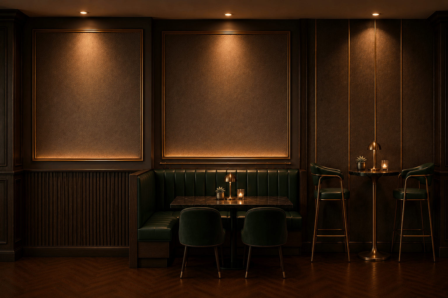 Visualisation — booth seating and high tables with warm wall lighting, AVVANTI, Market Harborough