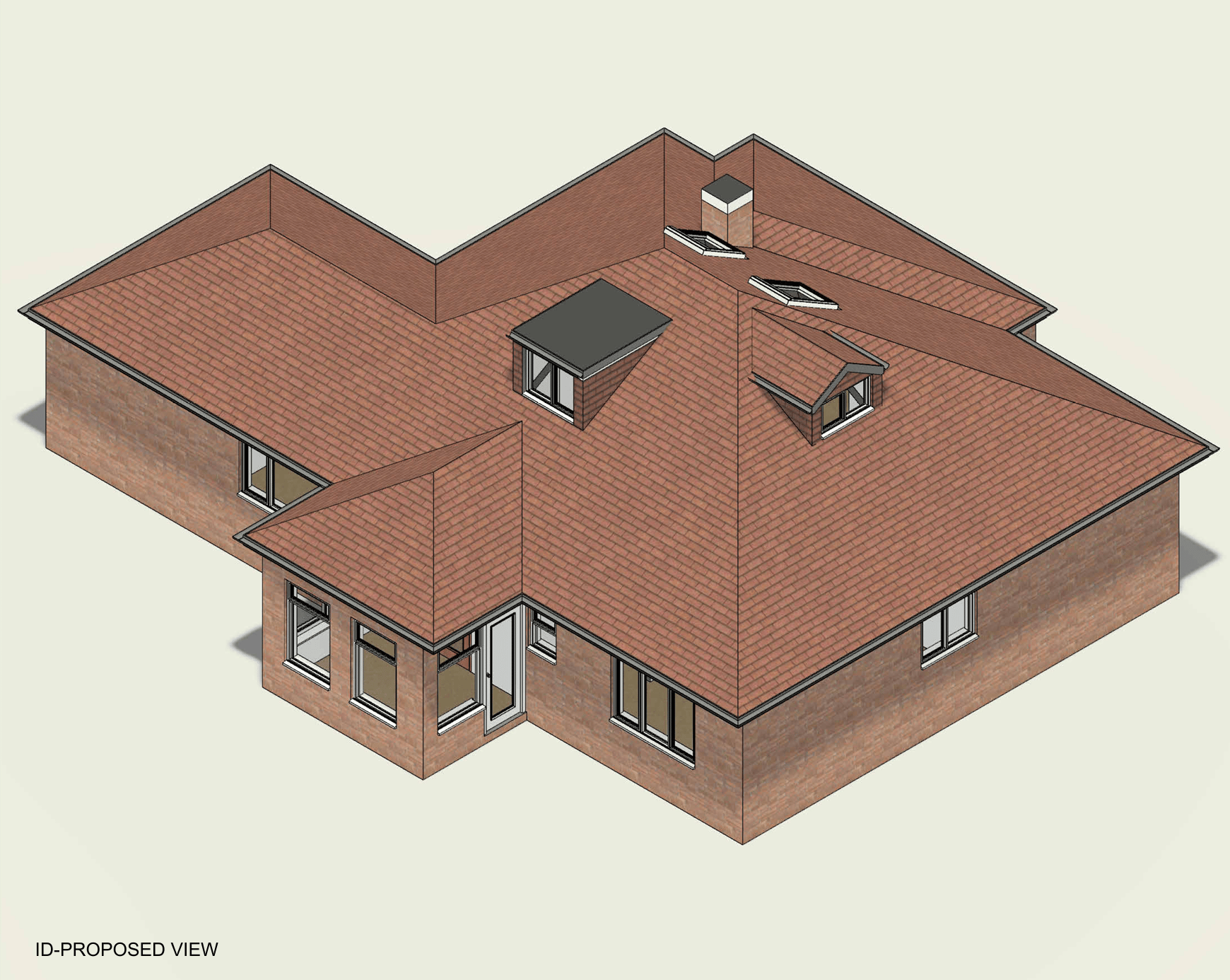 Visualisation — proposed flat-roof and pitched-roof dormers, aerial view, Loft conversion, Fleckney
