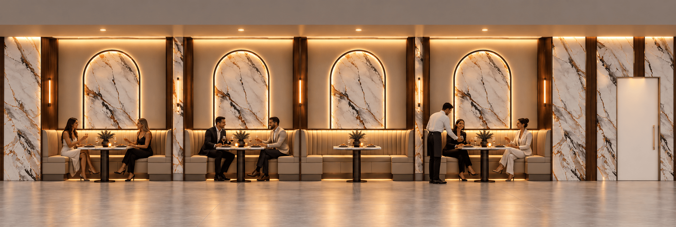 Visualisation — banquette booths beneath illuminated marble-effect arches, Restaurant interior transformation, Birmingham